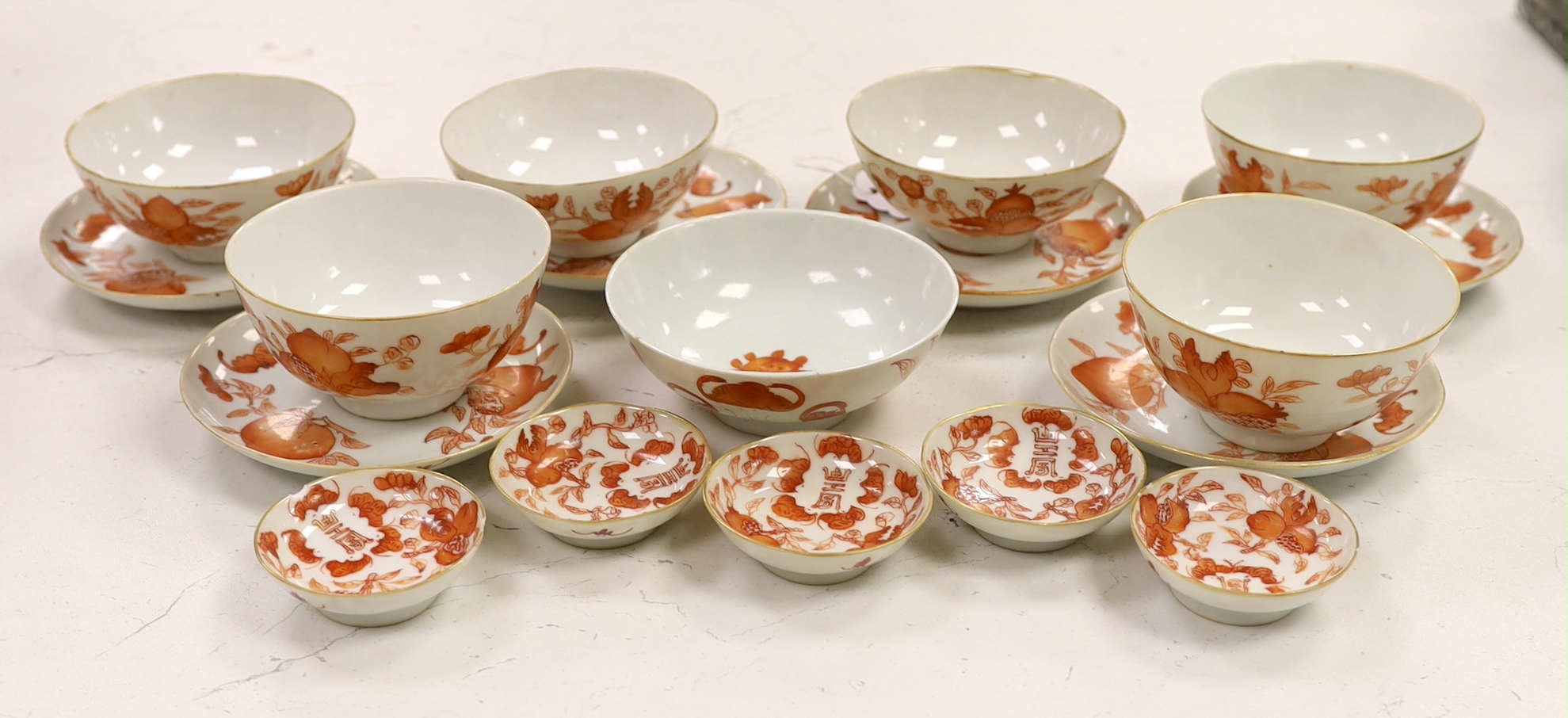 A group of Chinese iron red enamelled ‘sanduo’ bowls, saucers and side dishes, c.1900, Tongzhi and Guangxu marks